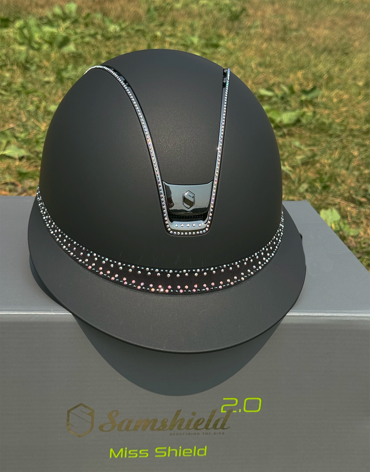 Miss Shadowmatt 2.0 Frontal Band Tiara and Trim With Black Holo Crystals and Chrome Blazon-Custom Helmet