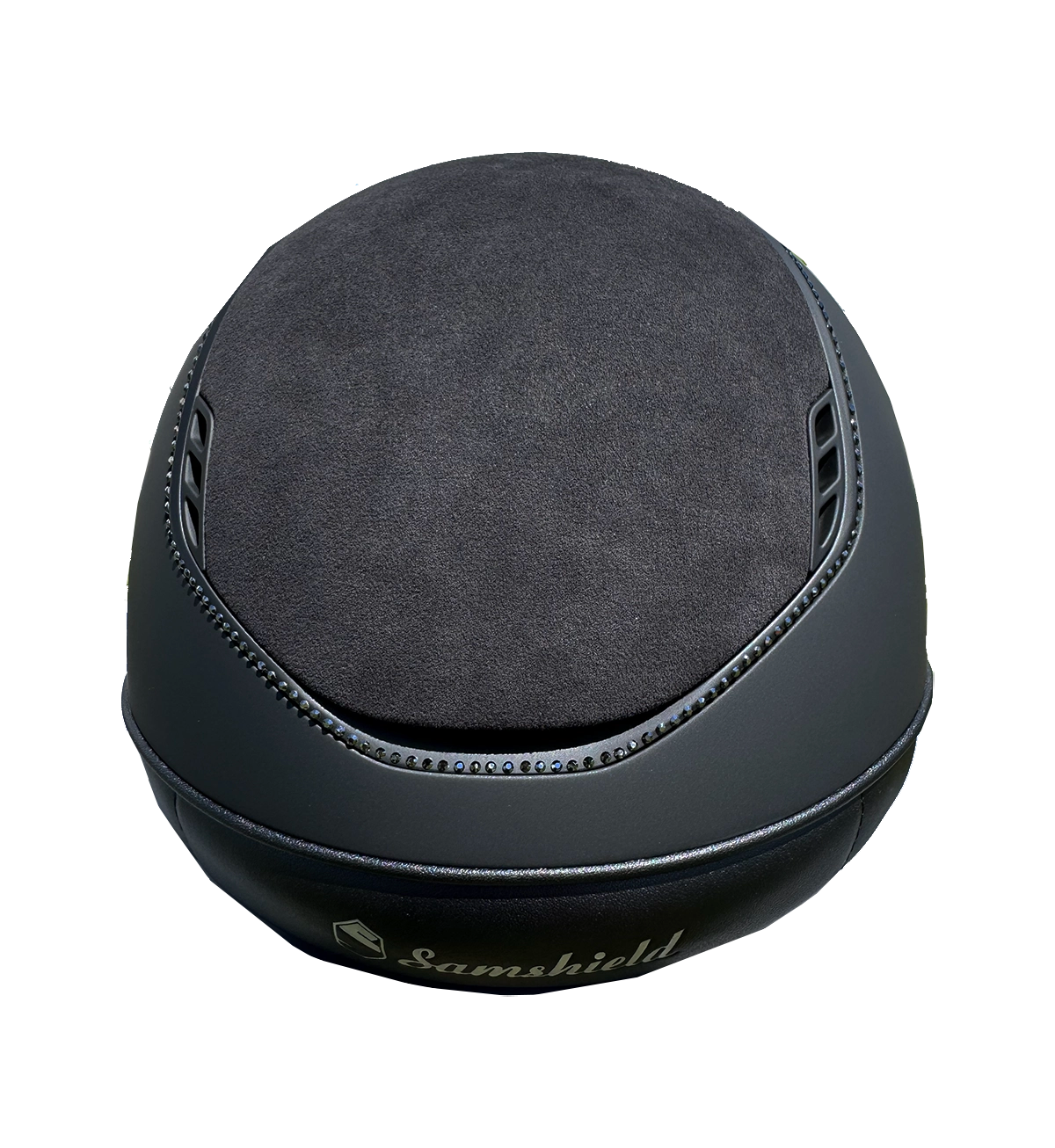 Miss Shadowmatt 2.0 Black Frontal Band Tiara and Trim with Black Crystals and Black Blazon Alcantara Top and Band-Custom Helmet