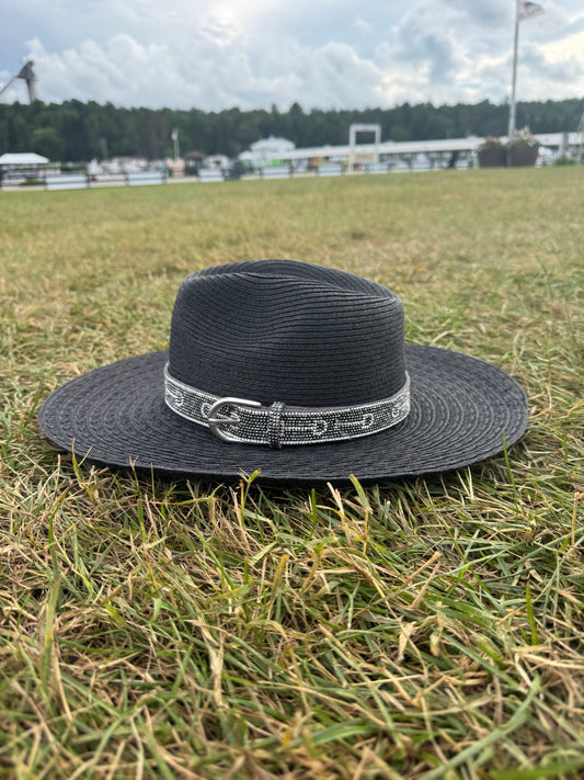 Island Girl Hats-Bling D-Ring Belt Paperbraid Hat in Black