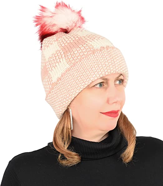 Check Beanie w Pom-Pom Pink