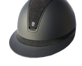 Load image into Gallery viewer, Samshield 2.0 Miss Shield Shadowmatt Dark Line Alcantara Top Black Crystal Fabric Frontal Band and Blazon with 5 Jet Black Swarovski Crystals - Custom Helmet
