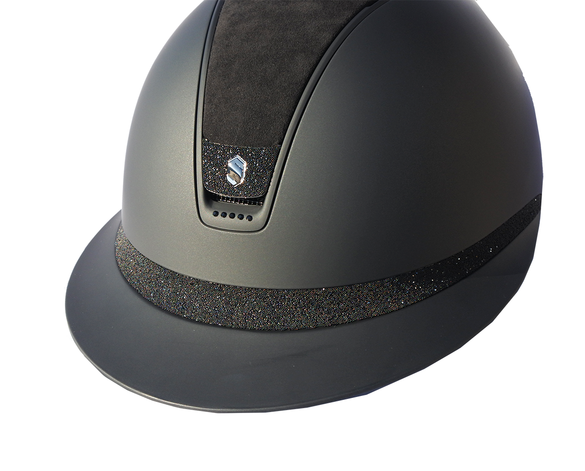 Samshield 2.0 Miss Shield Shadowmatt Dark Line Alcantara Top Black Crystal Fabric Frontal Band and Blazon with 5 Jet Black Swarovski Crystals - Custom Helmet