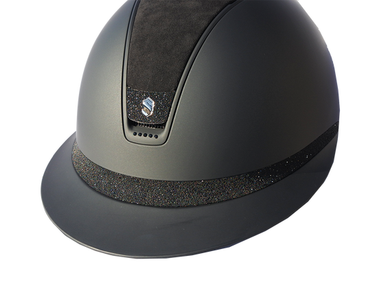 Samshield 2.0 Miss Shield Shadowmatt Dark Line Alcantara Top Black Crystal Fabric Frontal Band and Blazon with 5 Jet Black Swarovski Crystals - Custom Helmet