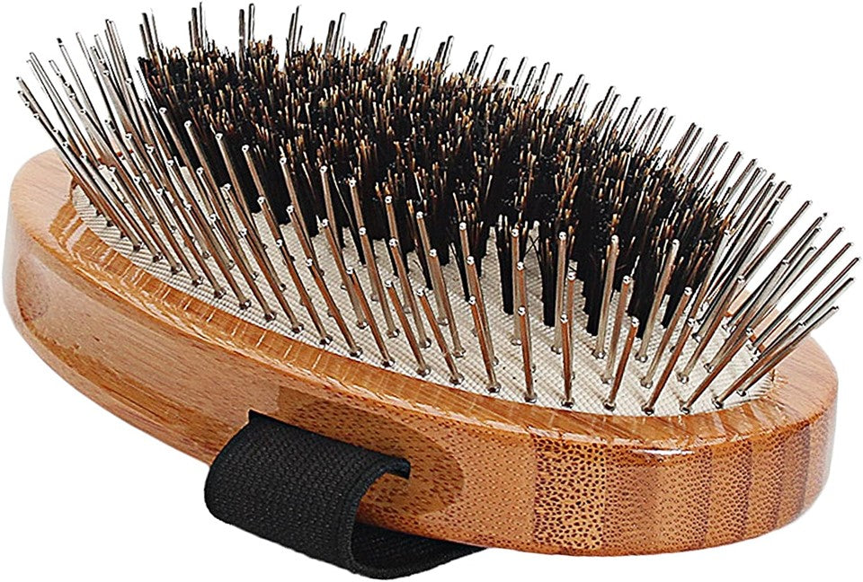 Bass Brushes Wire and Boar Pet Groomer Palm Style Bamboo Handle