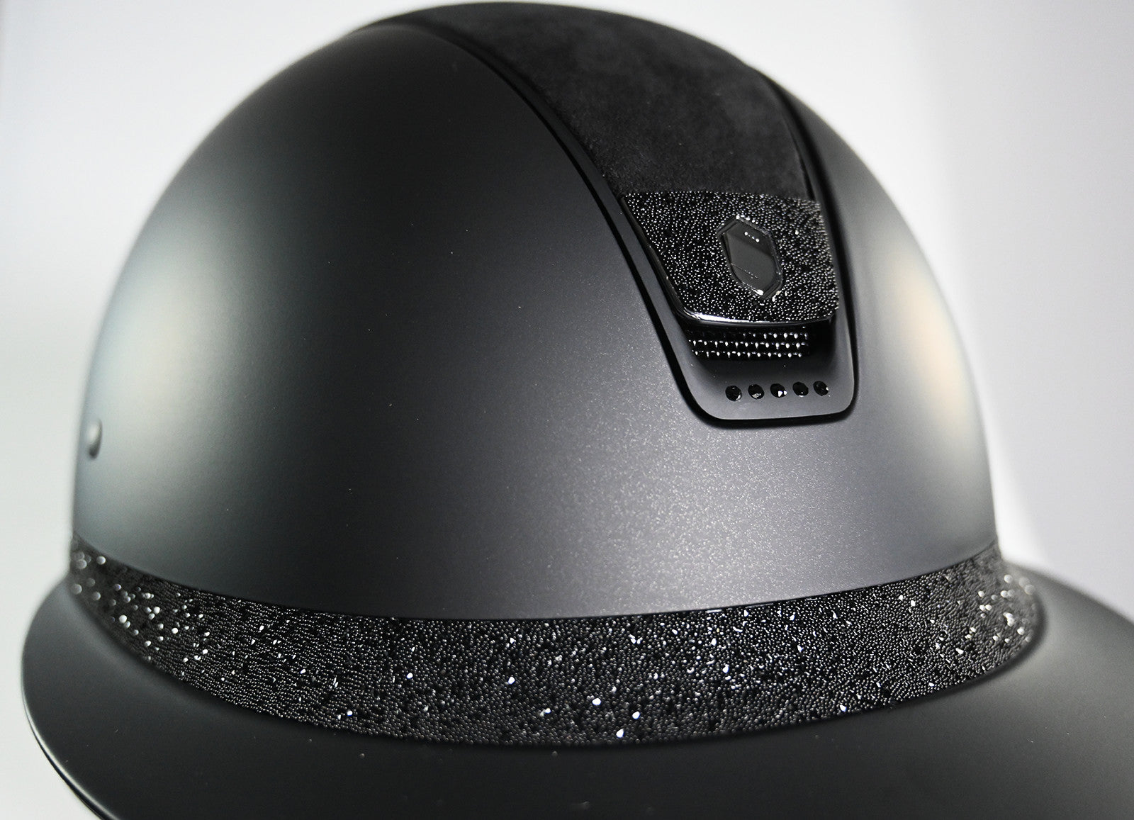 Samshield 1.0 Miss Shield Limited Edition SM Matte Black Trim Top and Band Alcantara Front Band Crystal Fabric Swarovski Black 5 Frontal Jet Black Swarovski Crystals Helmet-Large