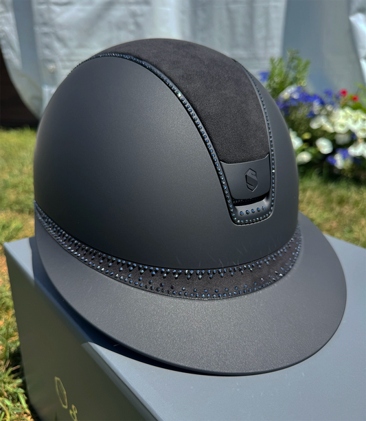 Miss Shadowmatt 2.0 Black Frontal Band Tiara and Trim with Black Crystals and Black Blazon Alcantara Top and Band-Custom Helmet